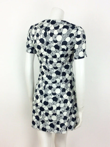 VINTAGE 60s GEOMETRIC OP ART CIRCLE BLUE WHITE DRESS 10