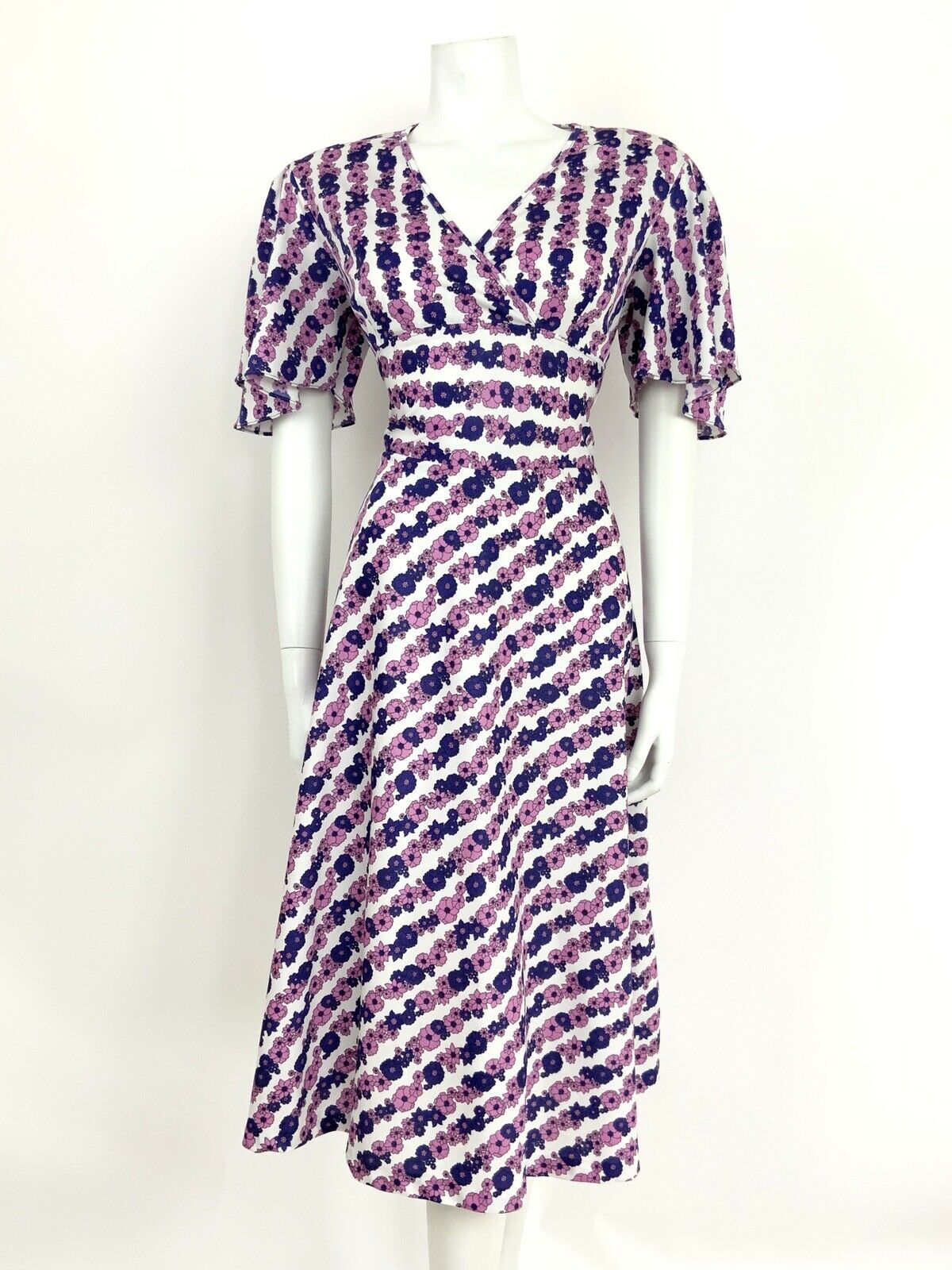 VINTAGE 60s 70s WHITE PINK PURPLE FLORAL STRIPED FLUTTER SLEEVE SWING DRESS 14