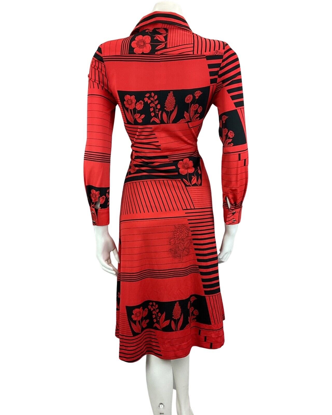 VINTAGE 60s 70s RED BLACK ABSTRACT PRINT MIDI MOD BOHO DISCO PARTY DRESS 8 10