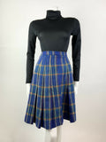 VINTAGE 60s 70s BLUE YELLOW RED PLAID CHECKED MOD KNEE-LENGTH PLEATED SKIRT 8 10