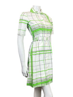 VINTAGE 60s 70s WHITE GREEN BLACK CHECKED GRID BELTED SHIRT DRESS 6 8