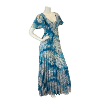 VINTAGE 60s 70s BLUE WHITE FLORAL PLEATED BOHO FOLK PRAIRIE MAXI DRESS 10