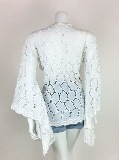 VTG 60s 70s WHITE ETHNIC PEASANT TOP WATERFALL CAPE SLEEVE LACE EYELET 10 12 14