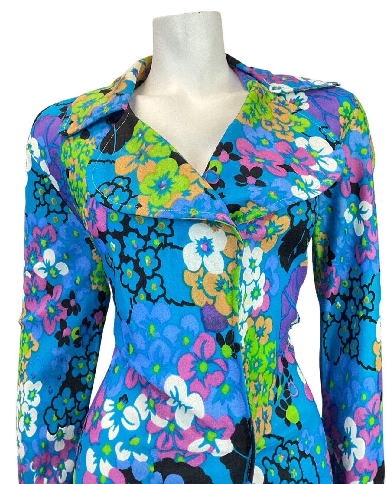 VINTAGE 60s 70s BLUE GREEN BLACK FLORAL PSYCHEDELIC HOUSECOAT WRAP DRESS 12 14