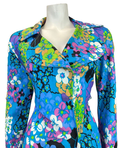 VINTAGE 60s 70s BLUE GREEN BLACK FLORAL PSYCHEDELIC HOUSECOAT WRAP DRESS 12 14