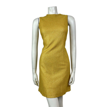 VINTAGE 60s 70s GOLD YELLOW GLITTER LUREX DISCO GLAM PARTY SLEEVELESS DRESS 10