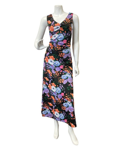 VNITAGE 60s 70s BLACK ORANGE PURPLE FLORAL DITSY SUMMER SLEEVELESS MAXI DRESS 12