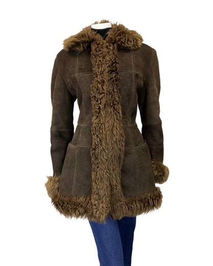 VINTAGE 60s 70s DARK BROWN SUEDE LEATHER MOD BOHO SHORT SHEARLING COAT 12 14