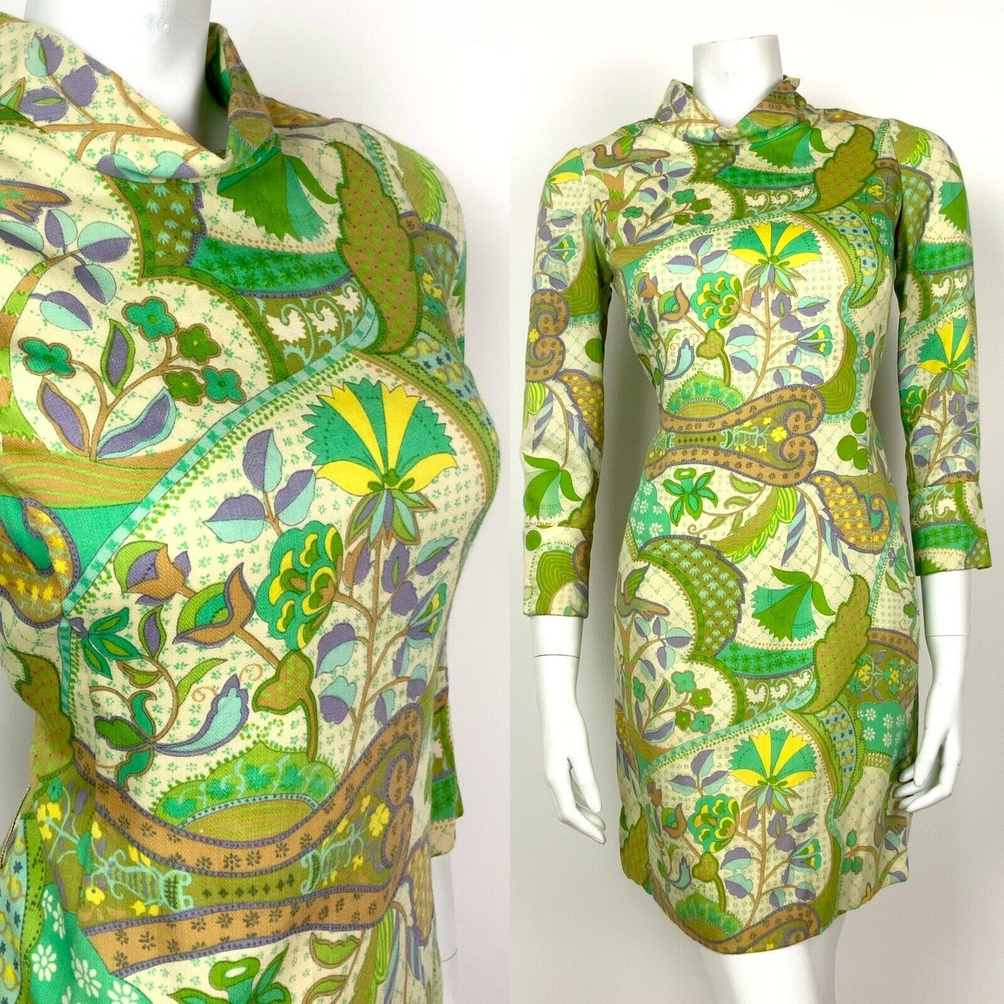 VINTAGE 60s 70s CREAM GREEN YELLOW PURPLE PSYCHEDELIC BIRD FLORAL DRESS 8