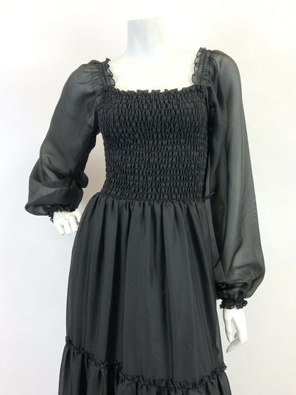 VINTAGE 60s 70s BLACK SHEER PUFF SLEEVE SHIRRED BOHO FOLK MAXI DRESS 4 6