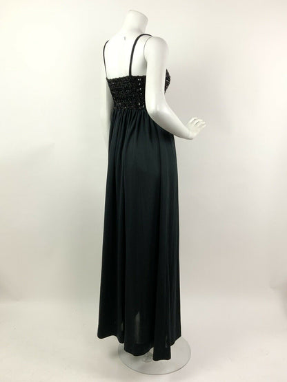 VINTAGE 60s 70s BLACK SEQUIN DISCO GLAM STUDIO 54 STRAPPY MAXI DRESS 4 6