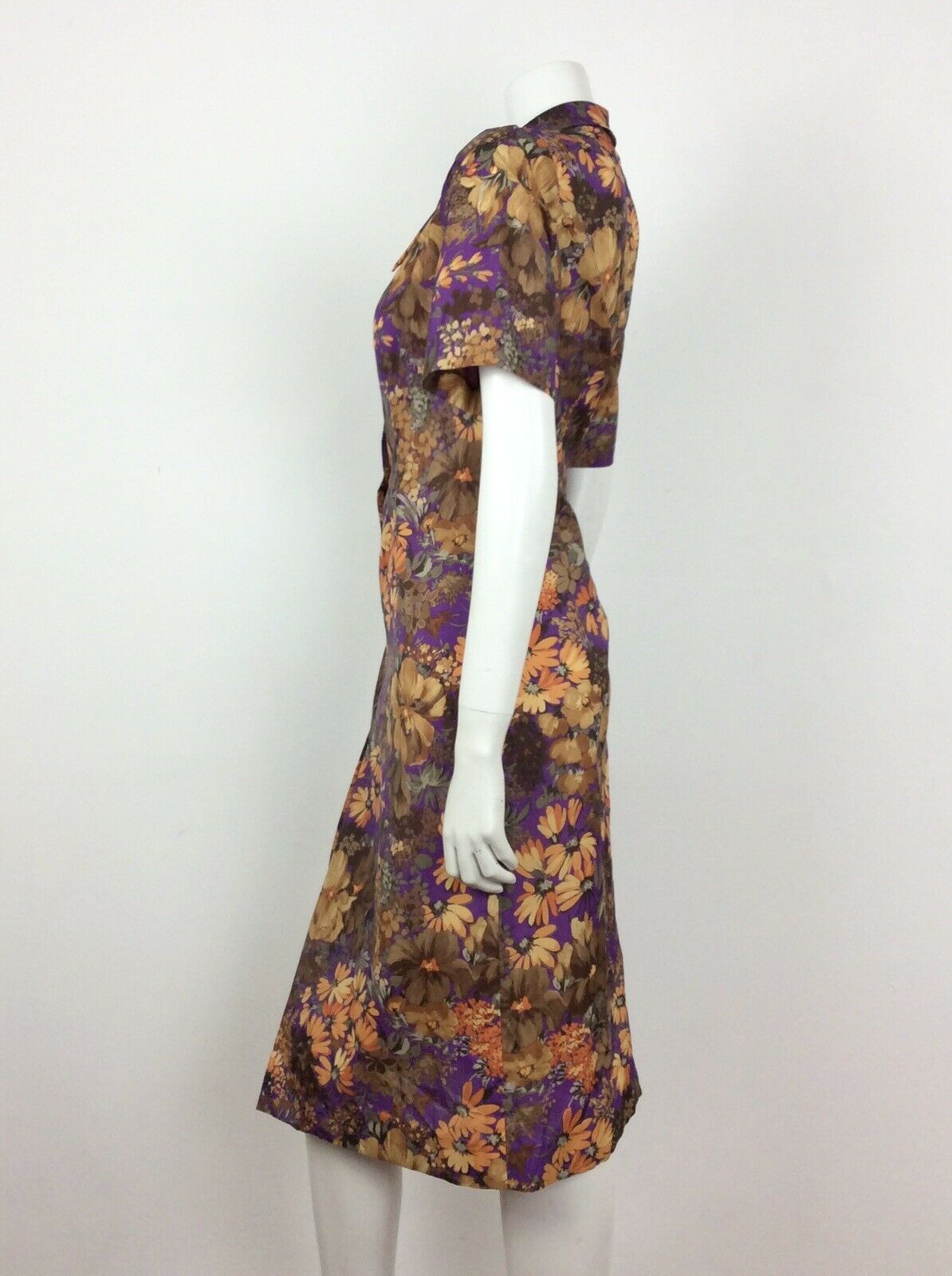 60S 70S VINTAGE BROWN PURPLE ORANGE FLORAL ABSTRACT SHIRT DRESS 14 16