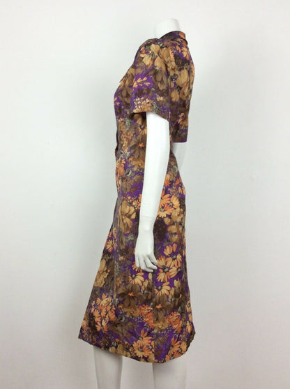 60S 70S VINTAGE BROWN PURPLE ORANGE FLORAL ABSTRACT SHIRT DRESS 14 16