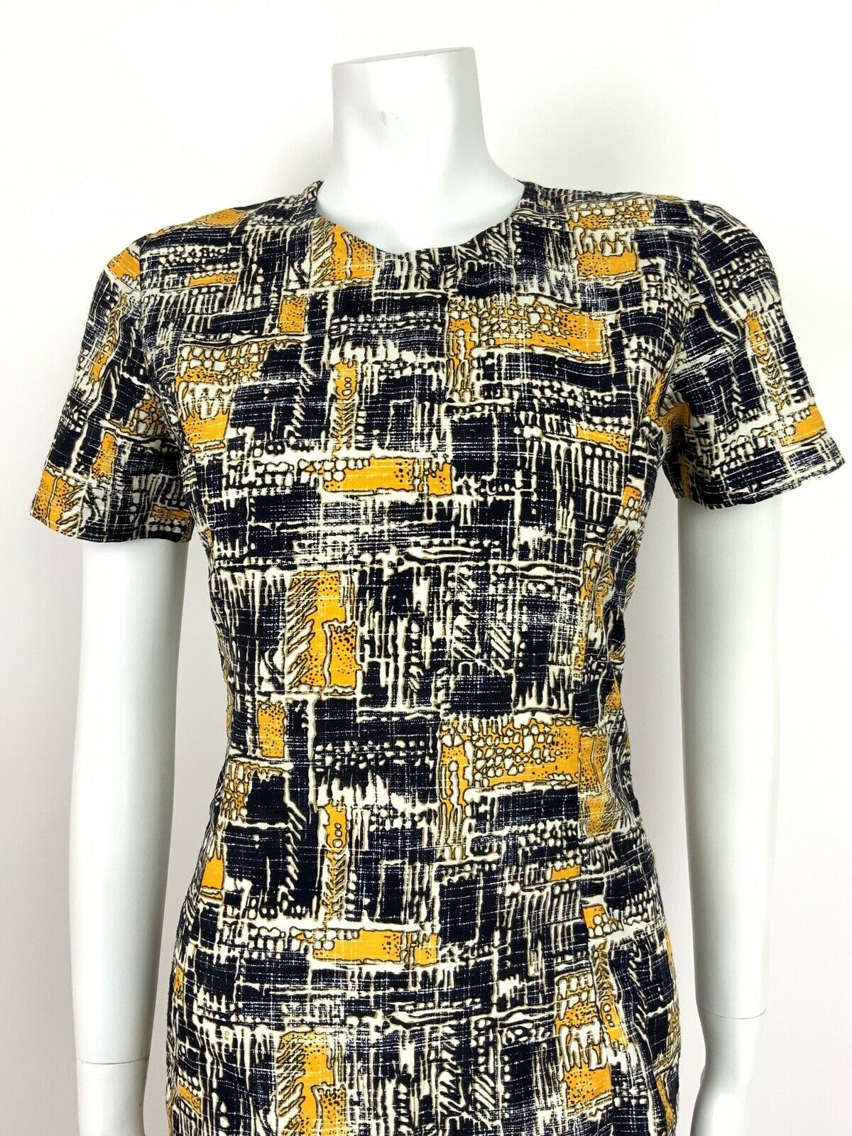 VINTAGE 60s 70s NAVY BLUE YELLOW WHITE GEOMETRIC ABSTRACT SUMMER SHIFT DRESS 8