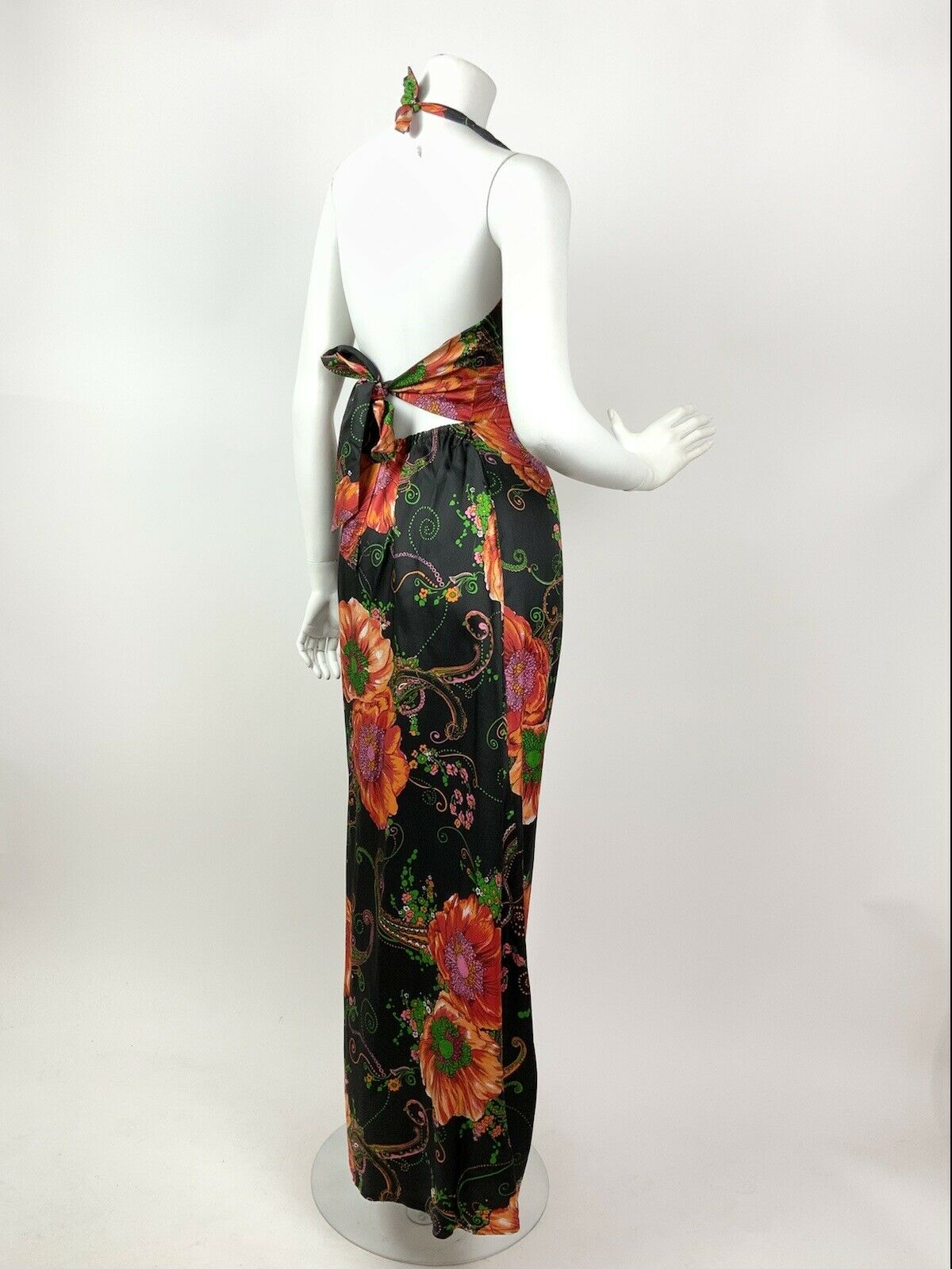 VINTAGE 60s 70s BLACK ORANGE GREEN FLORAL POPPY PAISLEY HALTER MAXI DRESS 10 12