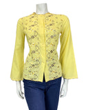 VTG 60s 70s YELLOW BROWN FLORAL EMBROIDERED CUTWORK FLARED SLEEVE BLOUSE 10 12