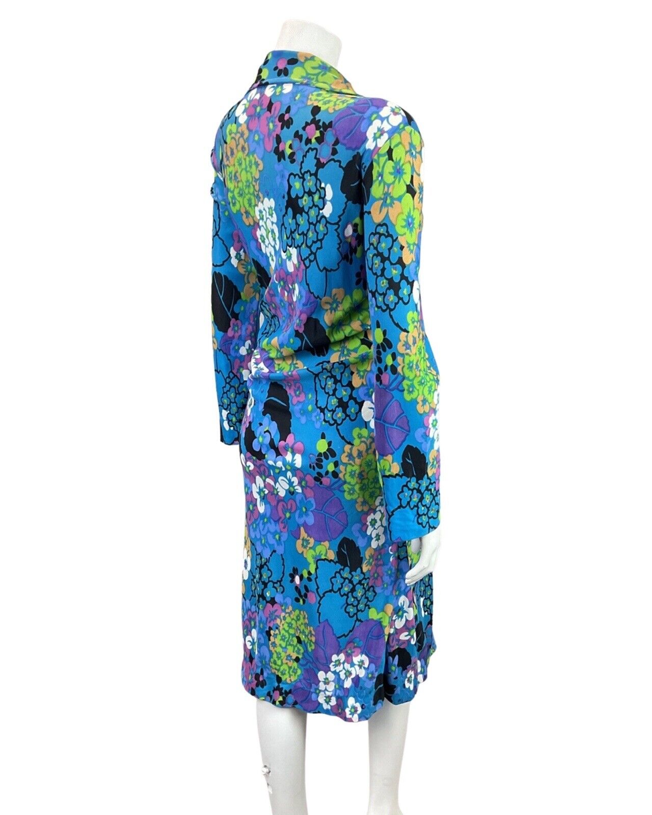 VINTAGE 60s 70s BLUE GREEN BLACK FLORAL PSYCHEDELIC HOUSECOAT WRAP DRESS 12 14