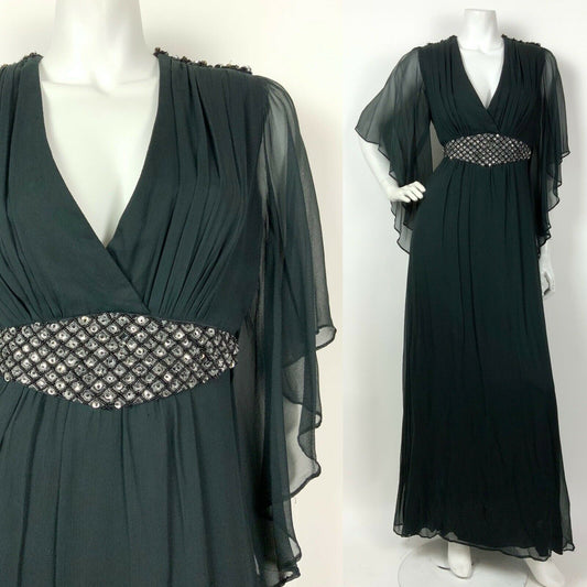 VTG 60s 70s BLACK SILVER BEADED SEQUIN ANGEL WING SHEER PLUNGE MAXI DRESS 8 10