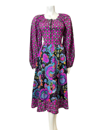 VINTAGE 60s 70s PURPLE BLACK BLUE PSYCHEDELIC FLORAL BOHO PRAIRIE MIDI DRESS 12