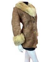 VINTAGE 60s 70s WARM BROWN SUEDE LEATHER FUR COLLAR PENNY SHEARLING COAT 12 14