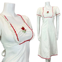 VTG 60s 70s WHITE RED EMBROIDERED ROSE RIC RAC CROCHET BOHO FOLK SUMMER DRESS 6