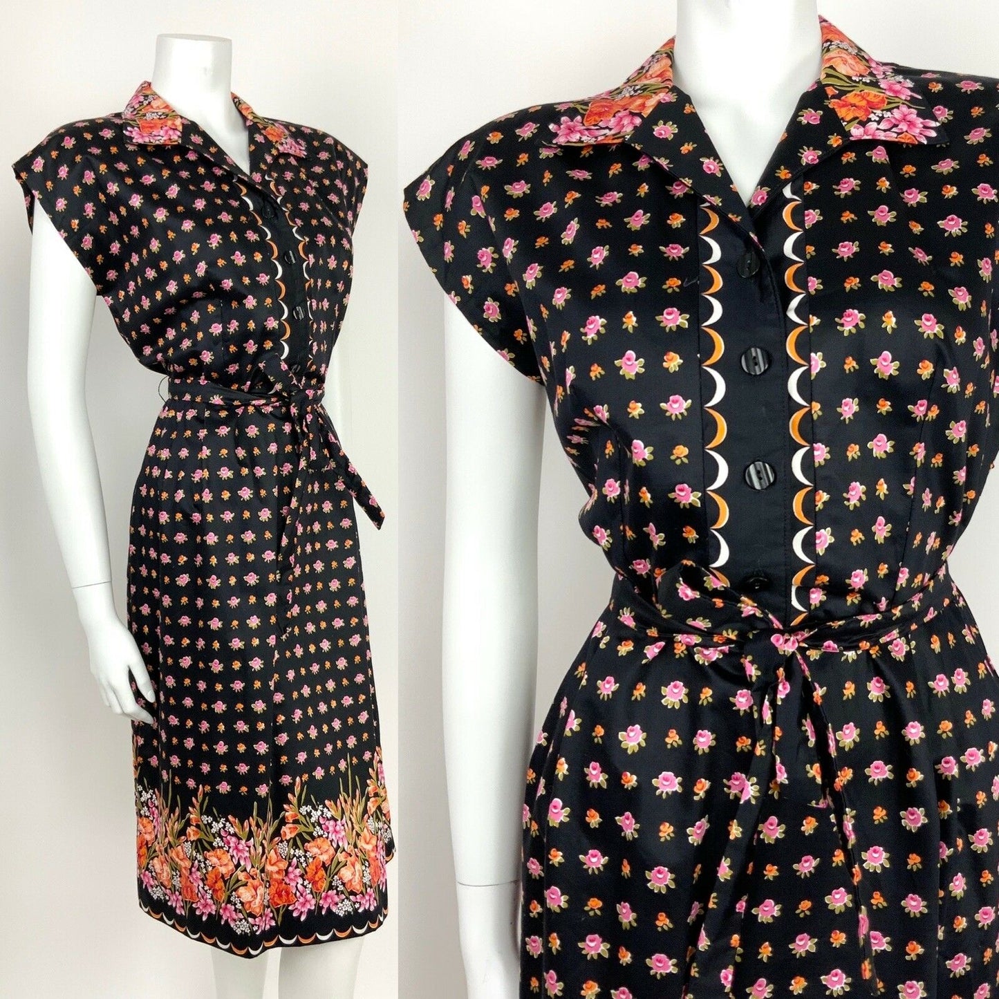 VTG 60s 70s BLACK ORANGE PINK OLIVE FLORAL SCALLOPED SHIRT WAIST DRESS 12 14