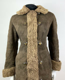 VTG 60s 70s DEEP BROWN DOUBLE-BREASTED SUEDE LEATHER SHEARLING BOHO COAT 12 14