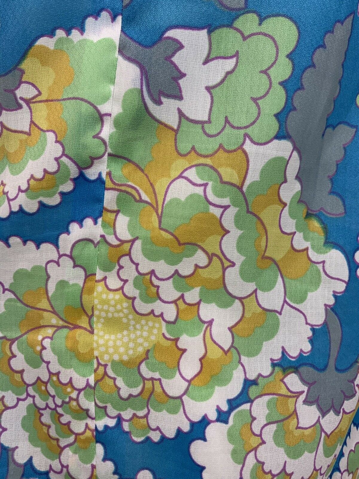 VINTAGE 60s 70s BLUE GREEN WHITE YELLOW FLORAL PSYCH TENT SHIFT DRESS 14 16