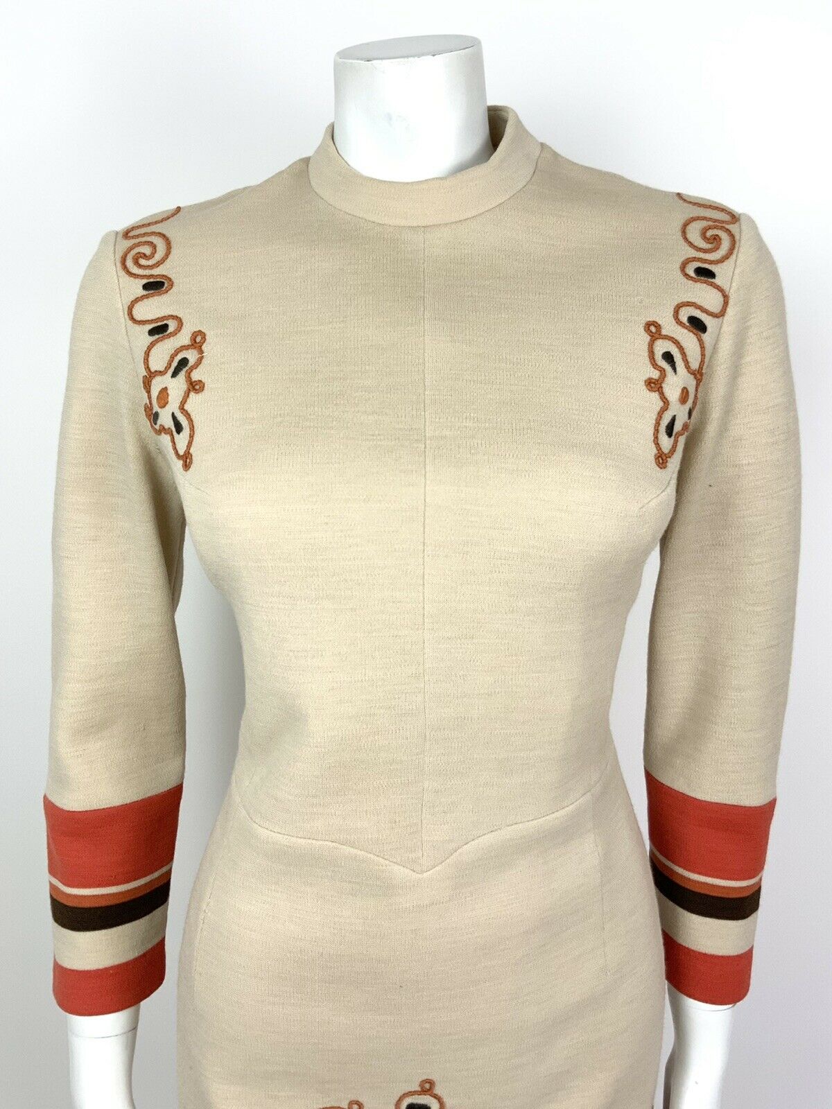 VINTAGE 60s 70s CREAM BROWN ORANGE EMBROIDERED SWIRL FLORAL DRESS 12 14