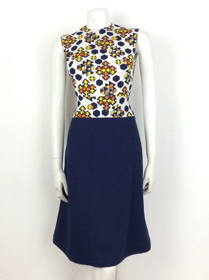 STUNNING VINTAGE 60S NAVY WHITE YELLOW ORANGE GEOMETRIC DRESS 10