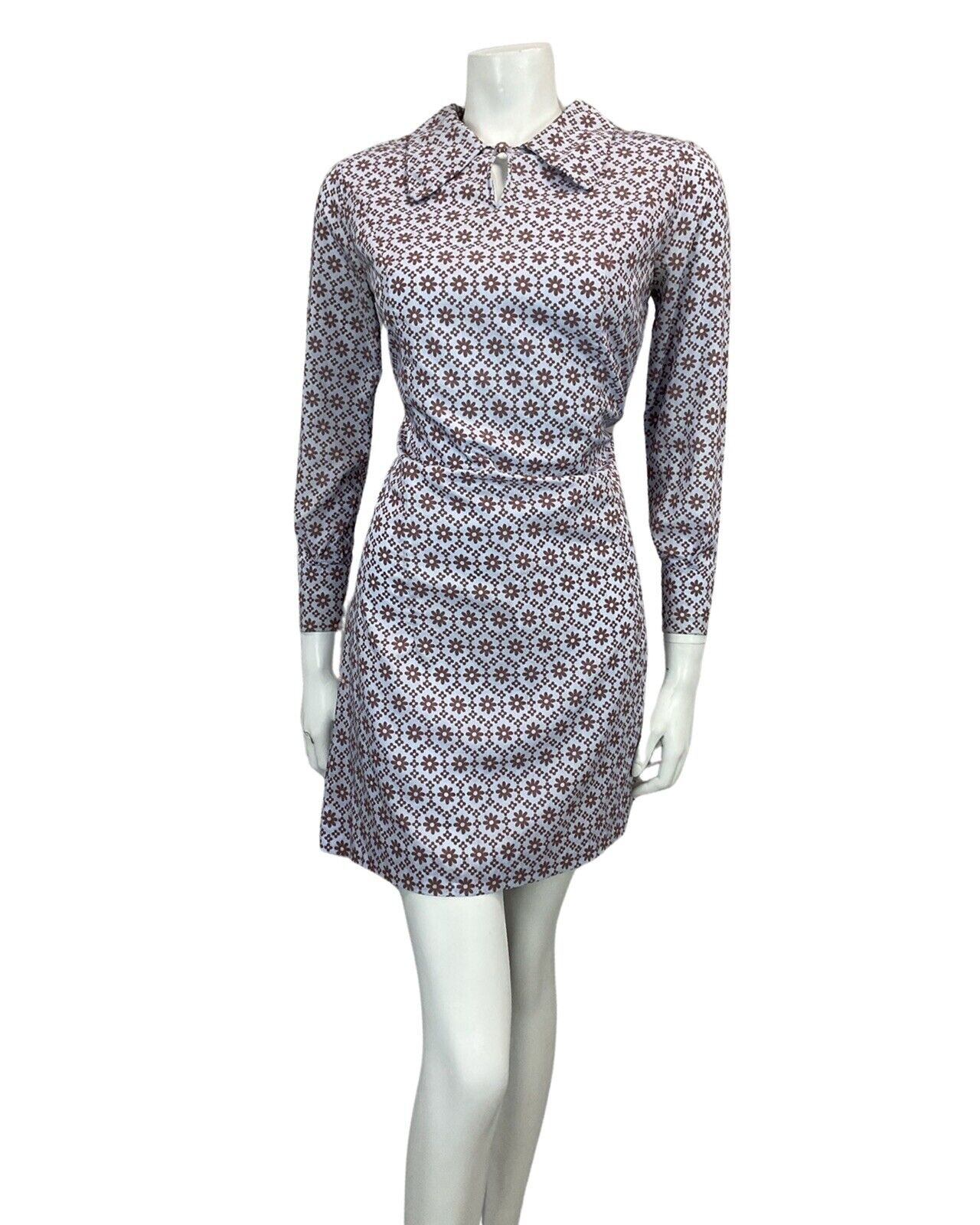 VINTAGE 60s 70s LILAC BROWN FLORAL DAISY PRINT MOD MINI DRESS 10