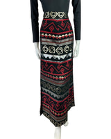 VINTAGE 60s 70s BLACK SILVER RED METALLIC EMBROIDERED GEOMETRIC MAXI SKIRT 8 10