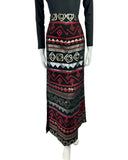 VINTAGE 60s 70s BLACK SILVER RED METALLIC EMBROIDERED GEOMETRIC MAXI SKIRT 8 10