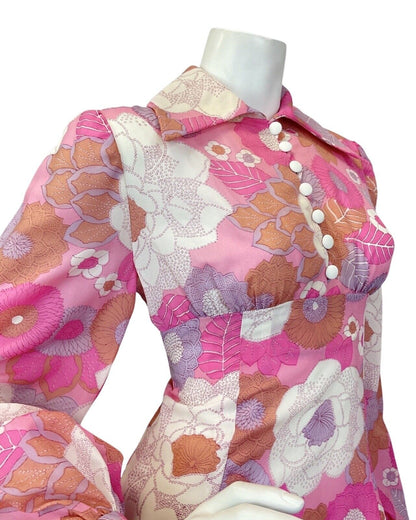 VINTAGE 60s 70s PINK PURPLE WHITE FLORAL PRAIRIE MOD WING COLLAR MAXI DRESS 8 10