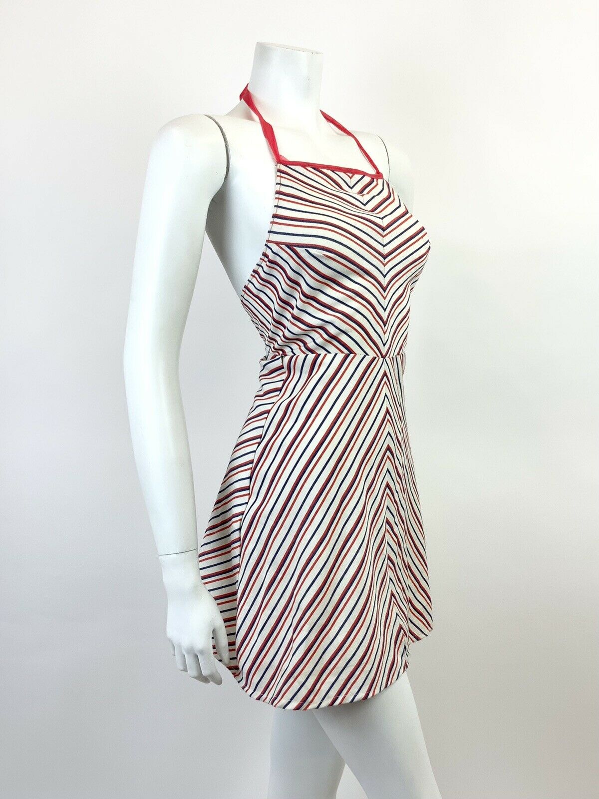 VINTAGE 60s 70s WHITE RED BLUE STRIPED MOD HALTER MINI DRESS 4 6