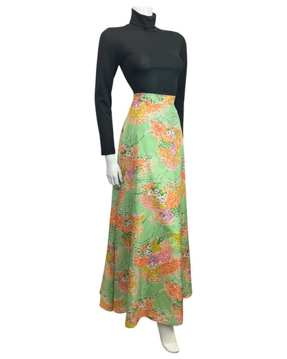 VINTAGE 60s 70s GREEN ORANGE LILAC FLORAL DITSY MOD BOHO MAXI SKIRT 10 12