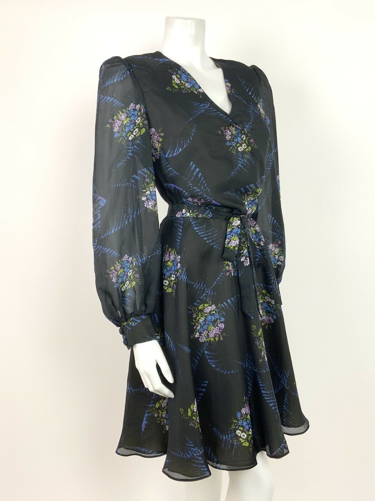 VINTAGE 60s 70s BLACK BLUE PURPLE GREEN FLORAL SHEER FLOATY DRESS 10