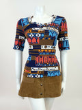 VINTAGE 60s 70s BROWN BLUE RED WHITE GEOMETRIC AZTEC MOD BLOUSE TOP 14 16