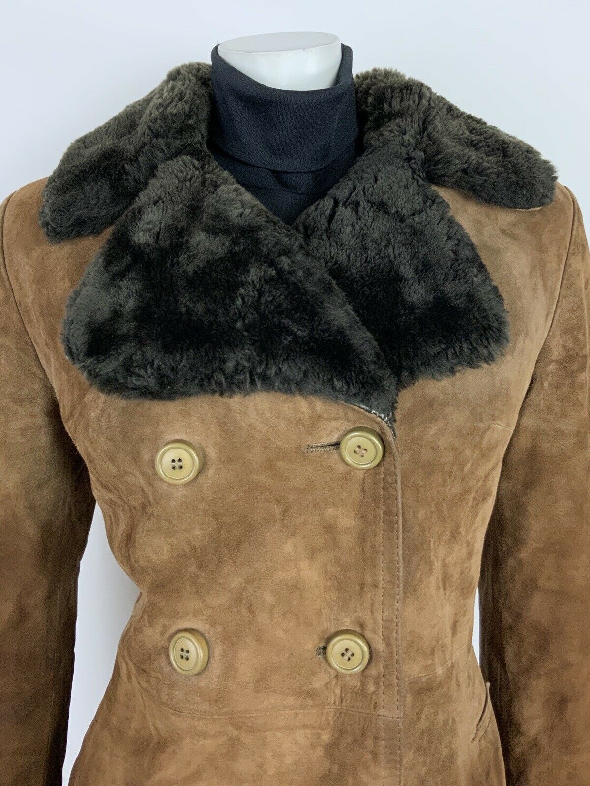 VTG 60s 70s BROWN BLACK SUEDE LEATHER FAUX FUR SHEARLING SHEEPSKIN COAT 12 14