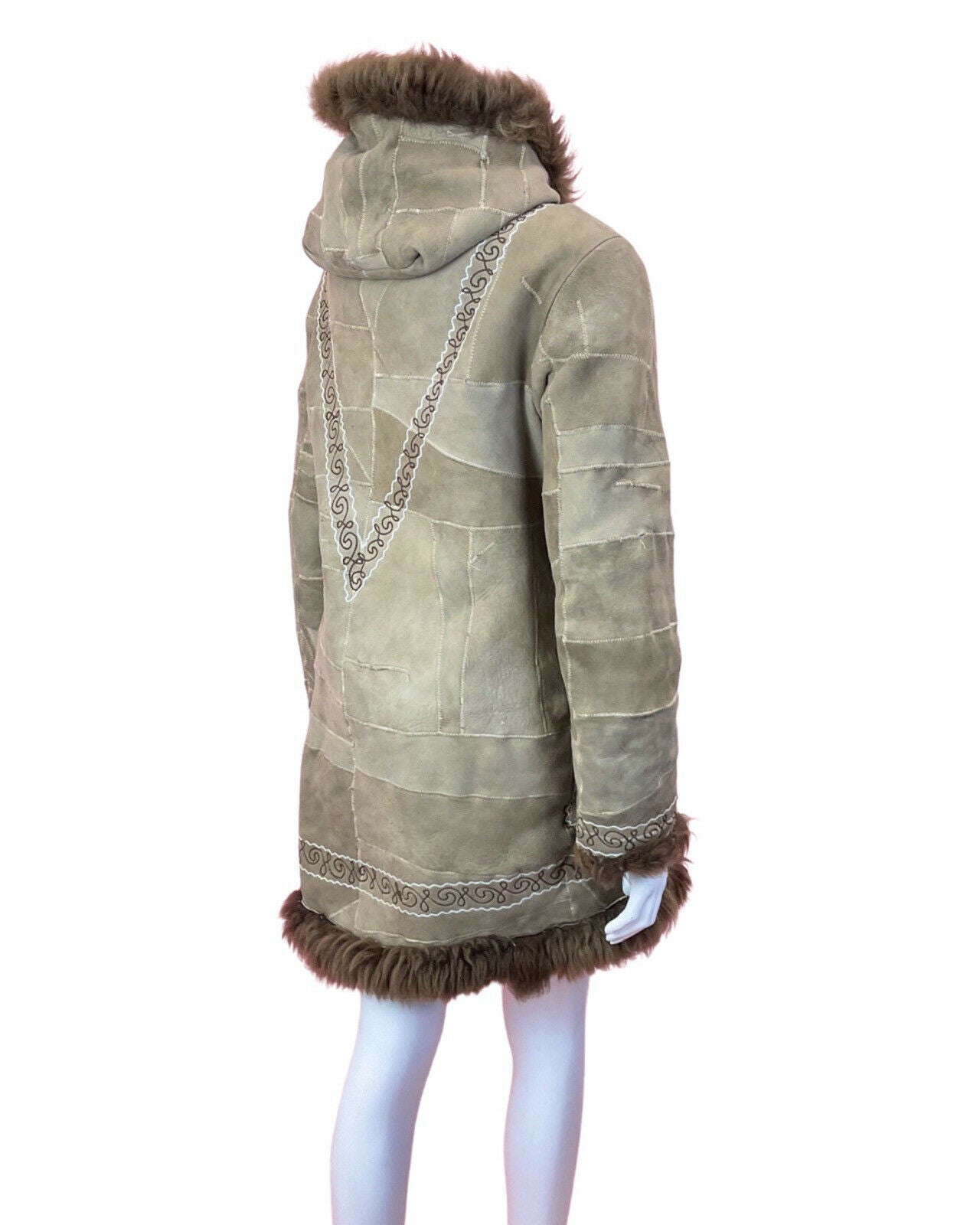 VINTAGE 60s 70s BROWN WHITE EMBROIDERED PATCHWORK HOODED BOHO SHEARLING COAT 14