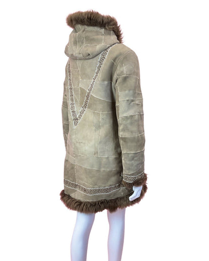 VINTAGE 60s 70s BROWN WHITE EMBROIDERED PATCHWORK HOODED BOHO SHEARLING COAT 14