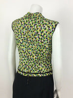 VTG 60S BLACK GREEN PINK YELLOW GEOMETRIC MOD DRESS 12