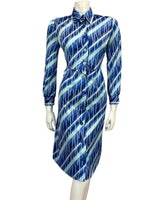 VINTAGE 60s 70s BLUE STRIPED ABSTRACT PRINT SHIRT MIDI MOD DRESS 10 12