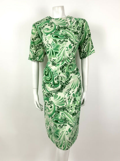 VTG 60s 70s FOREST GREEN CREAM SWIRL PSYCHEDELIC SCROLL SHIFT DRESS 14 16