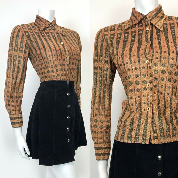 VTG 60s 70s BROWN BLACK GLITTER LUREX STRIPED DOTTY MOD DISCO DAGGER SHIRT 12