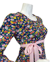 VINTAGE 60s 70s BLUE PINK YELLOW DAISY FLOWER EMPIRE MOD MAXI DRESS 8 10