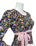 VINTAGE 60s 70s BLUE PINK YELLOW DAISY FLOWER EMPIRE MOD MAXI DRESS 8 10