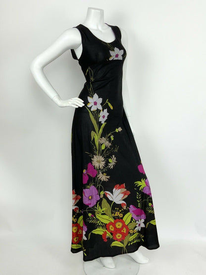 VINTAGE 60s 70s BLACK PURPLE WHITE RED FLORAL SLEEVELESS MAXI DRESS 10