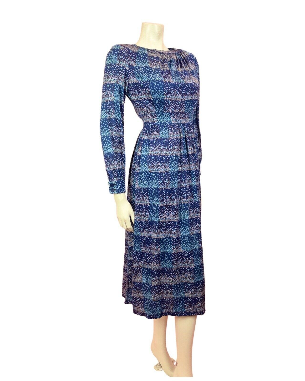 VINTAGE 60s 70s BLUE PINK GREEN DOTTY DITSY STRIPED MIDI DRESS 8