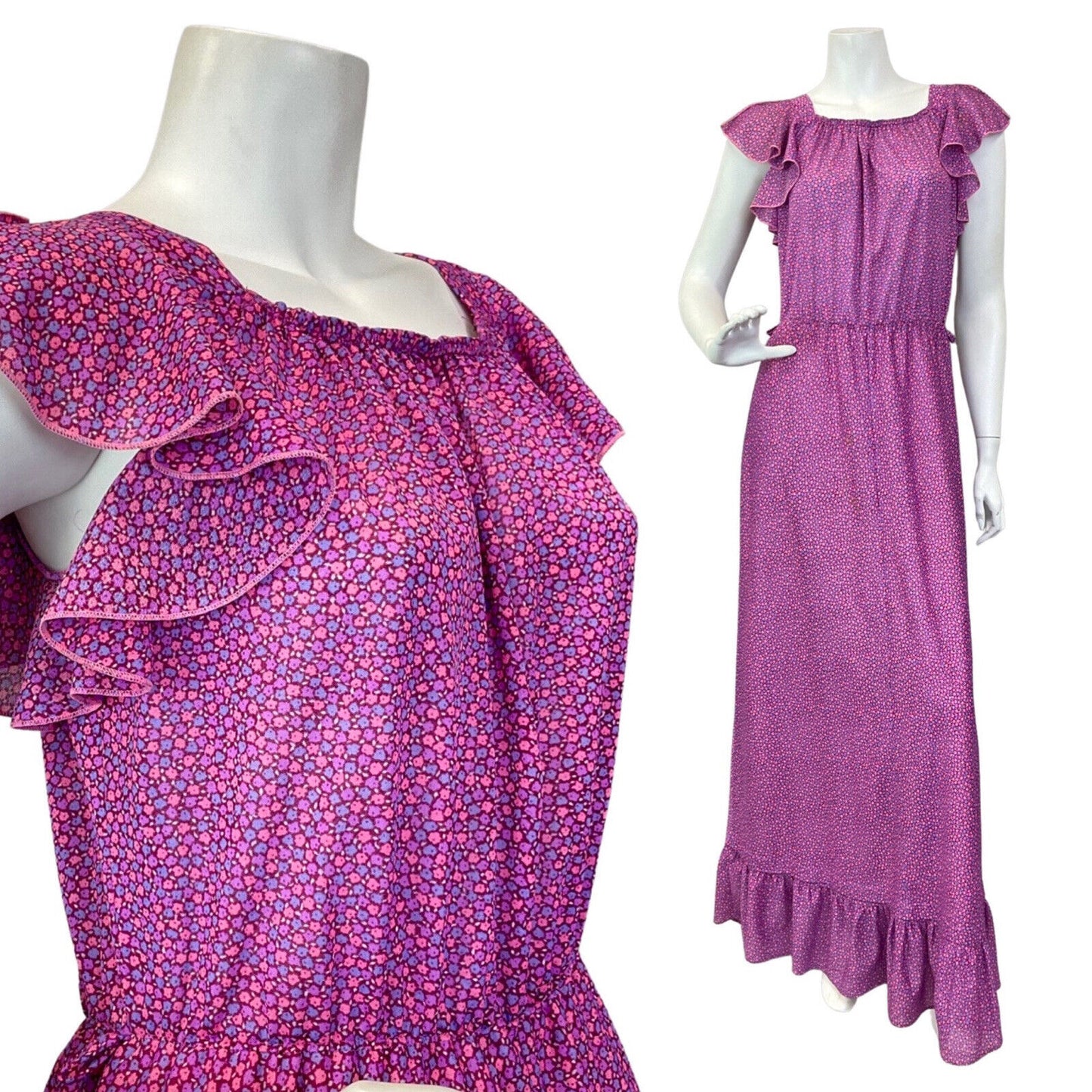 VINTAGE 60s 70s PURPLE PINK DITSY FLOWER BOHO PRAIRIE MAXI DRESS 8 10